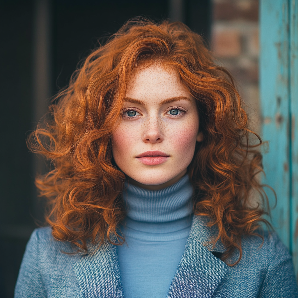 Woman blue jacket turtleneck urban setting