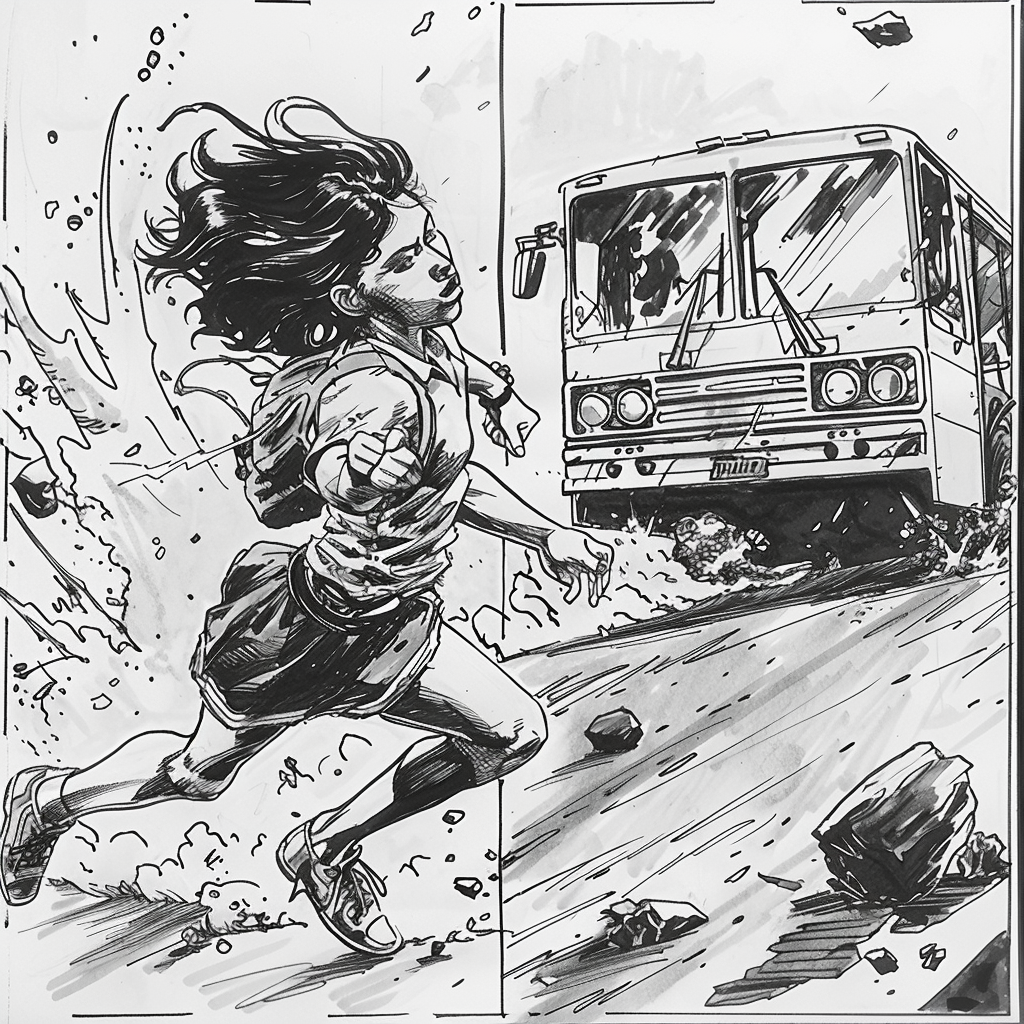 Woman running after bus drawing