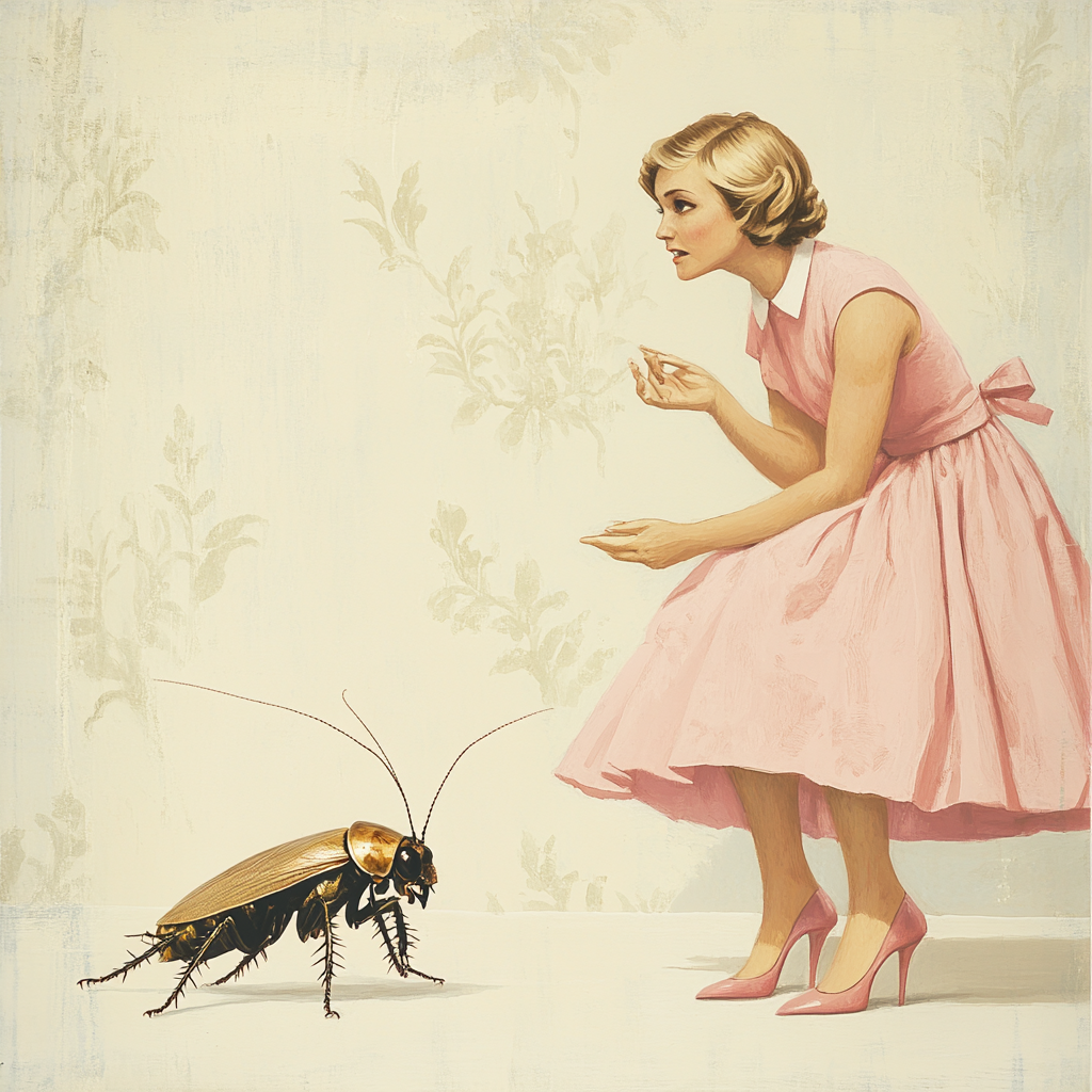 Woman talking to cockroach pink dress