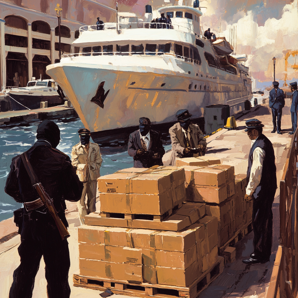 Yacht Loading Crates Pier Scene