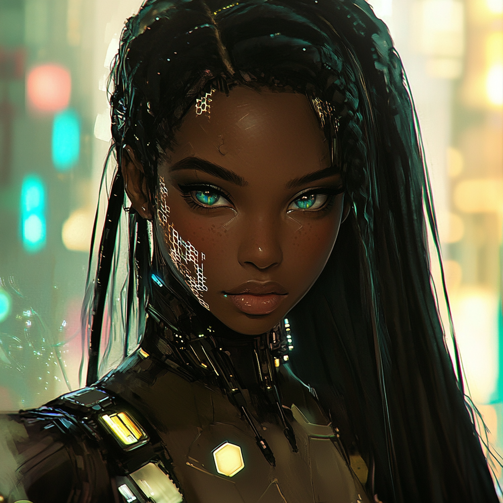 Cyberpunk-themed young black woman anime