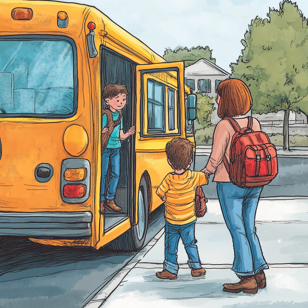 young boy getting off bus with older teacher help