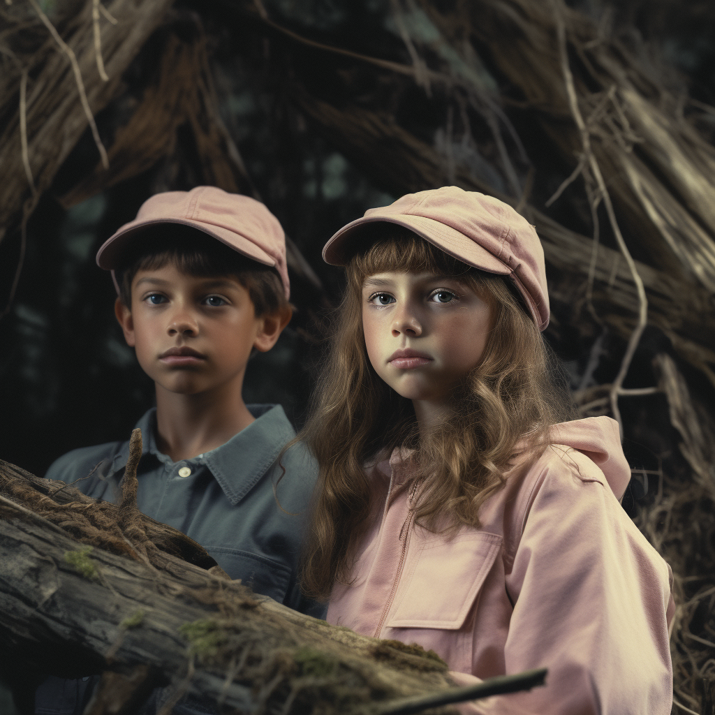 Young boy and girl forest scene