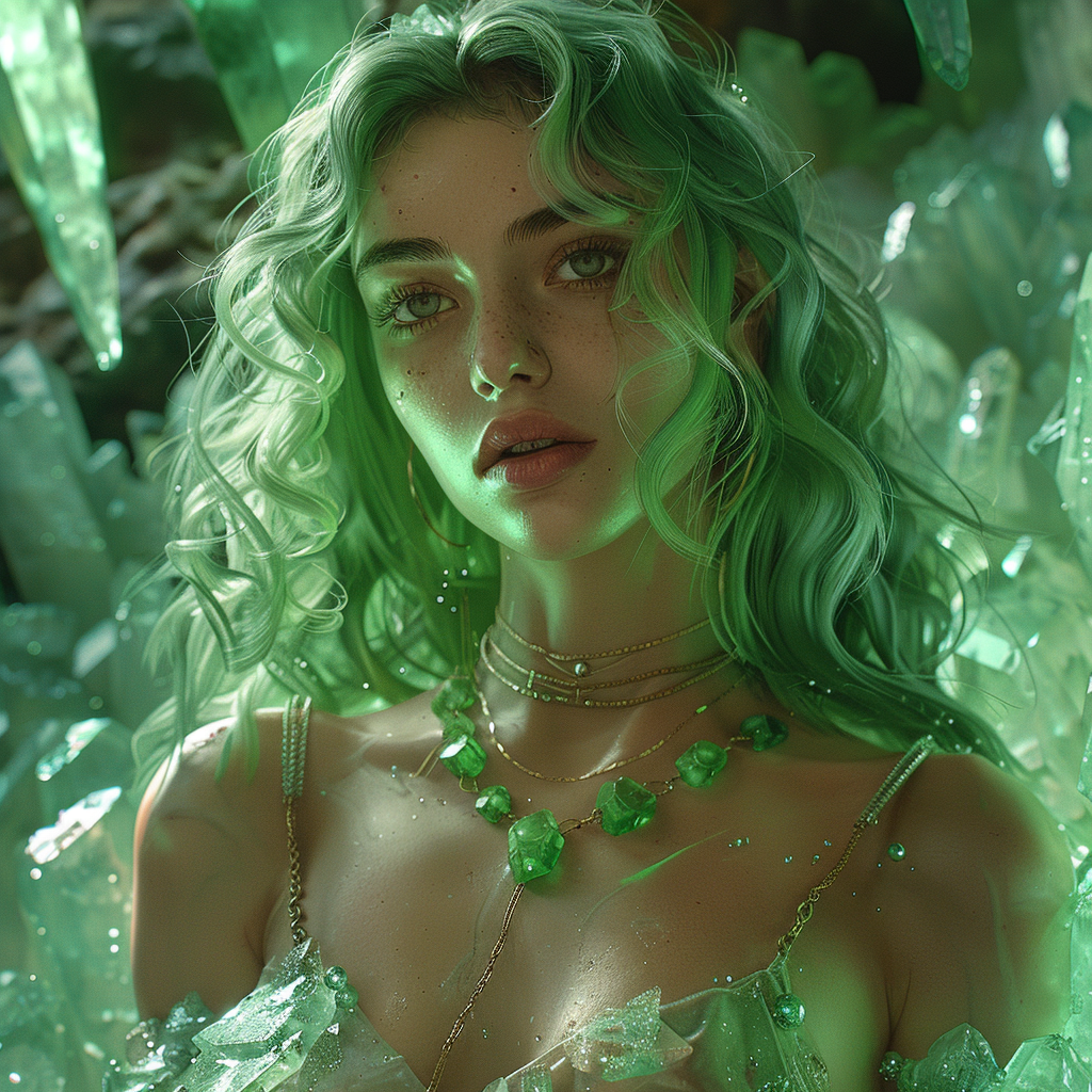 Beautiful young goddess with green crystals