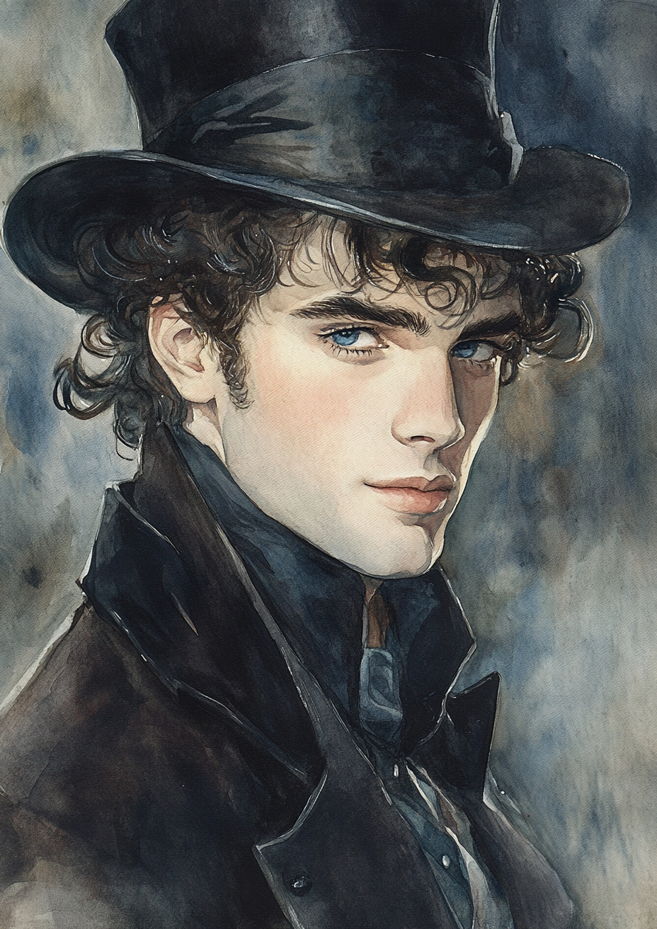 Young man curly hair top hat