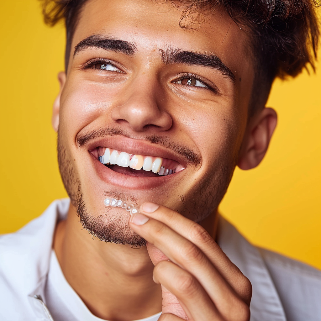 Young man holding dental aligner