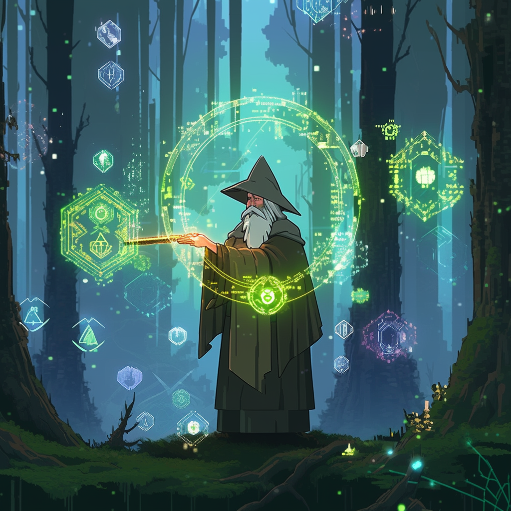 Young wizard with glowing wand and altcoins