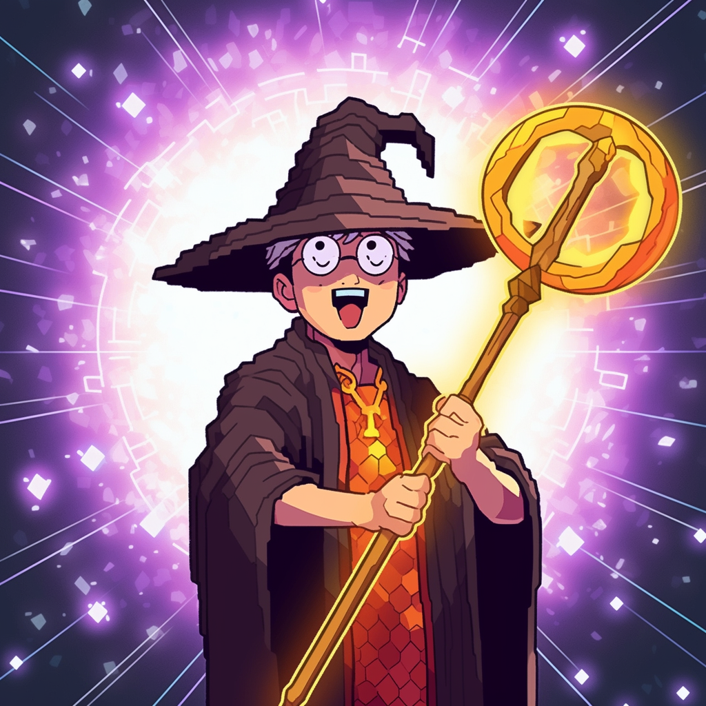 Young wizard holding magic wand Bitcoin icon