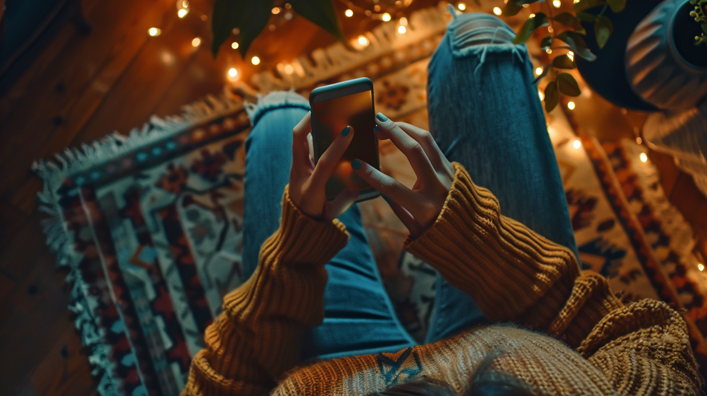 young woman hands holding phone in cinematic scene