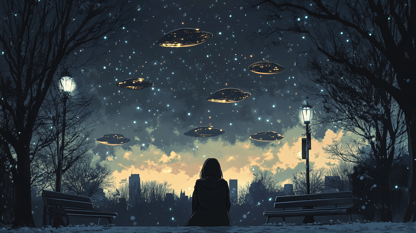 young woman park night sky spaceship anime-style gloomy