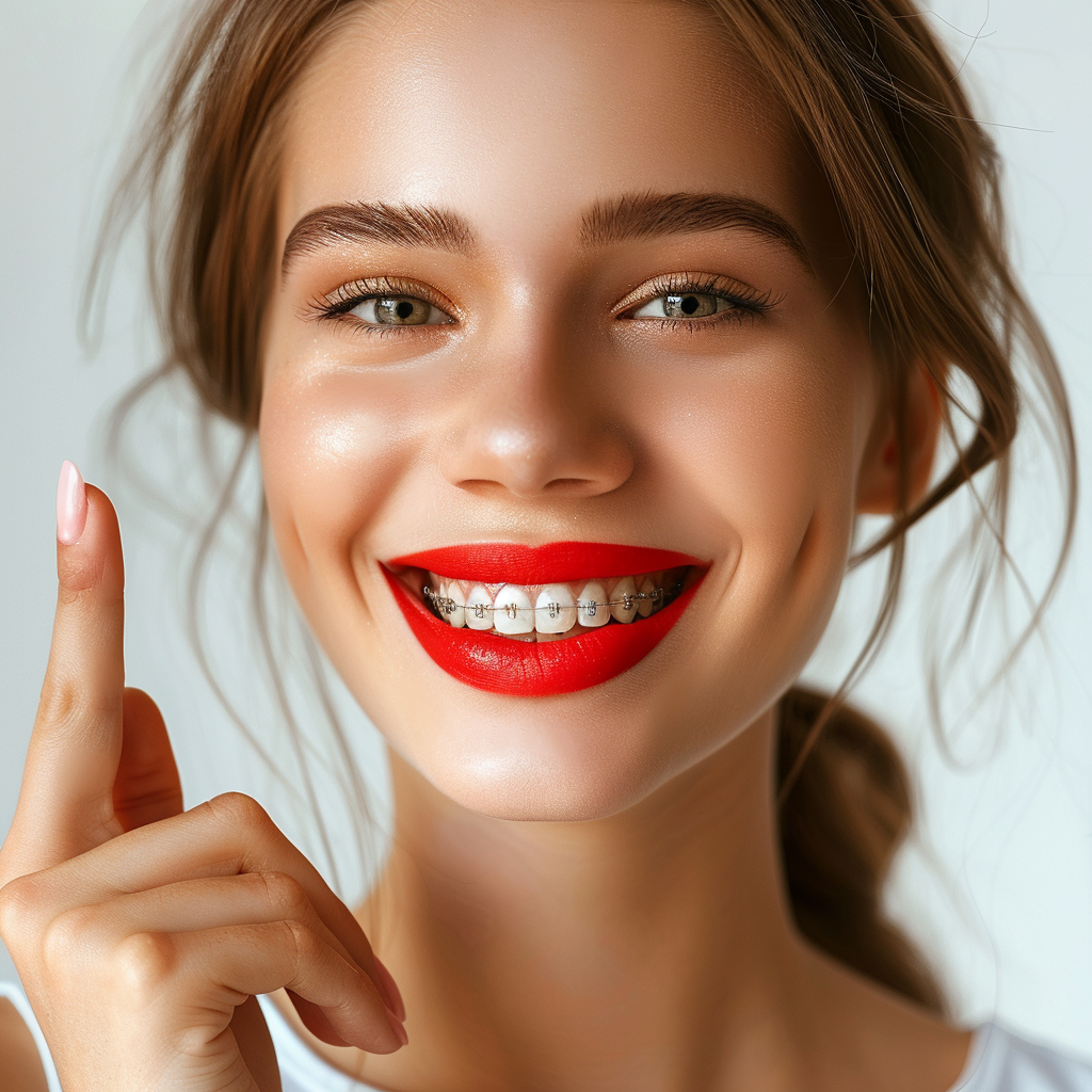 Woman pointing at clear braces