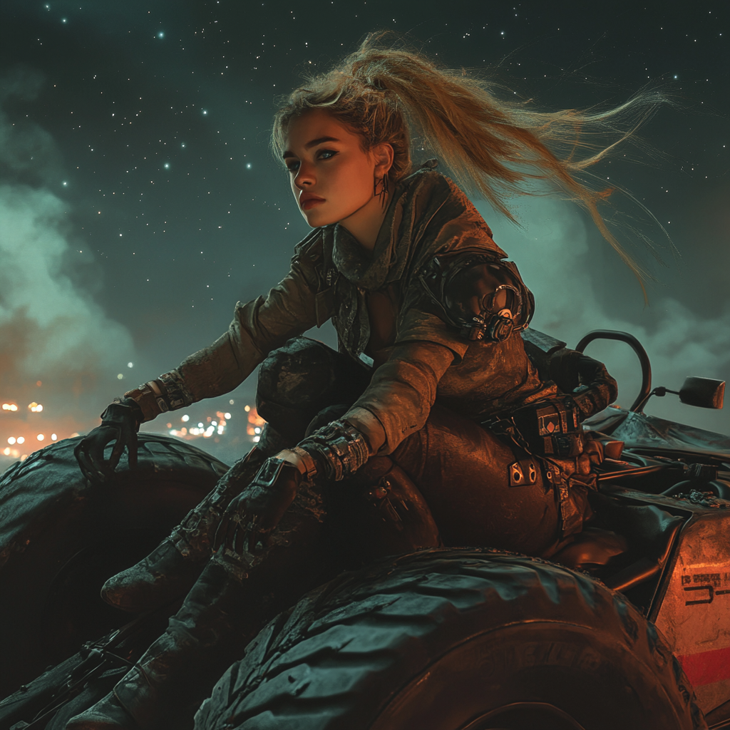 Woman in steampunk attire racing car at night