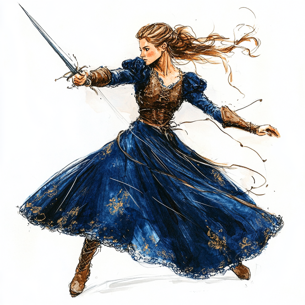 Girl in navy blue dress with rapier