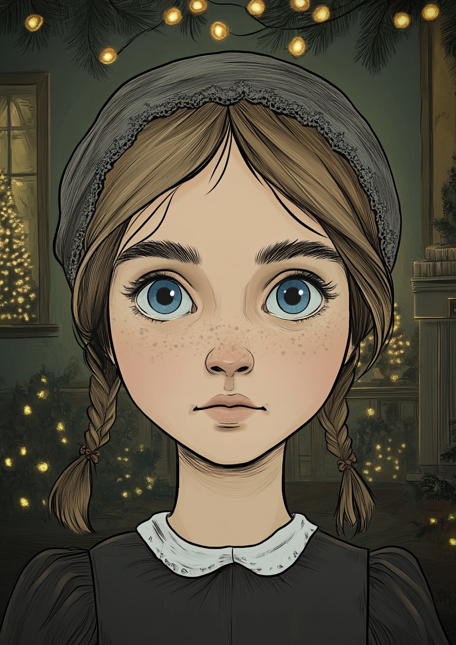 Cartoon sketch young girl Victorian Christmas