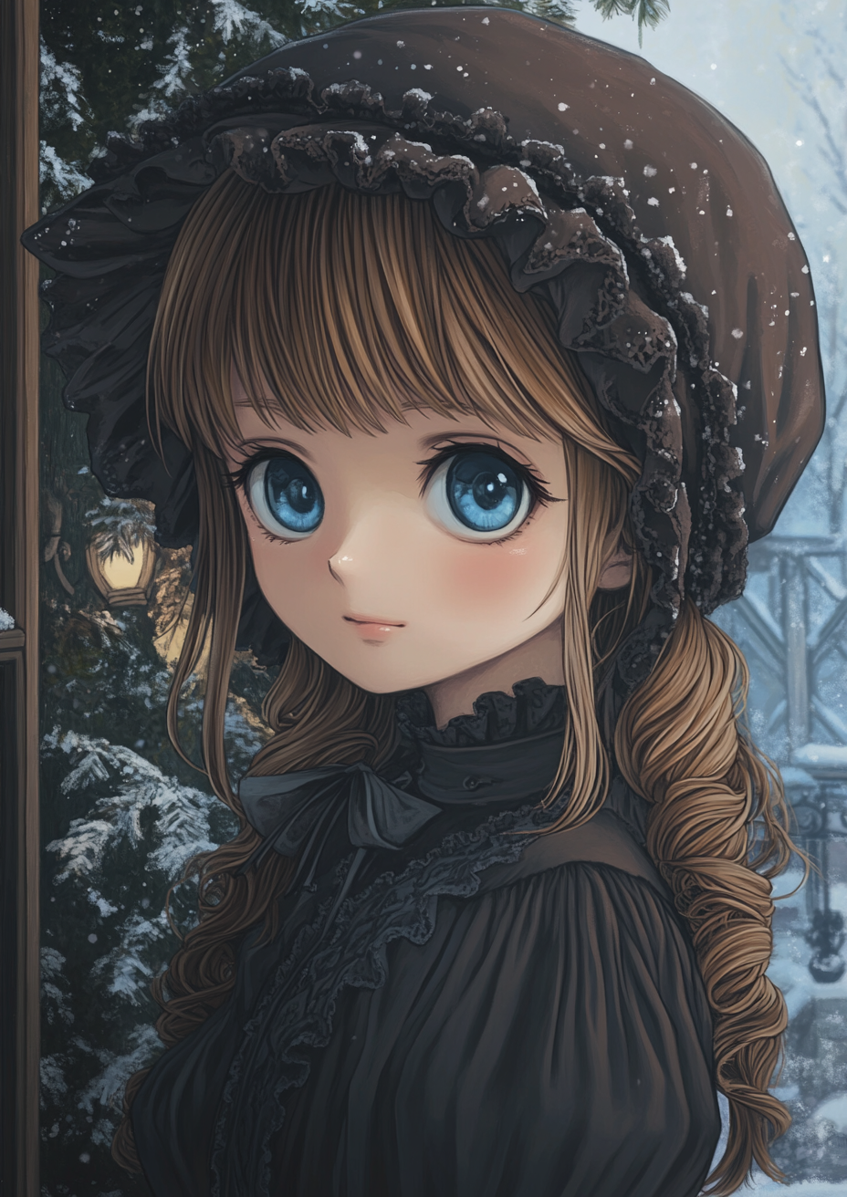 Young girl in Victorian Christmas scene