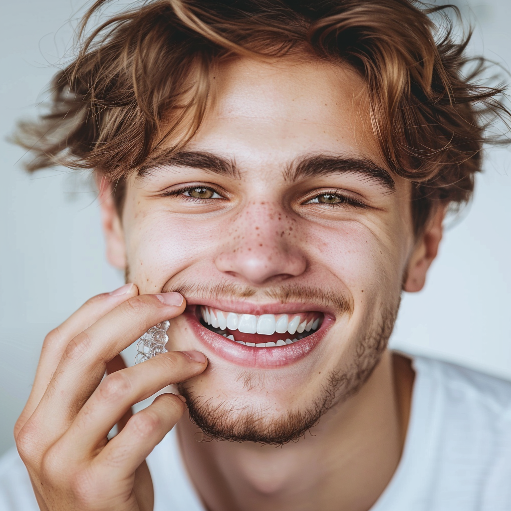 Man holding clear aligner smiling