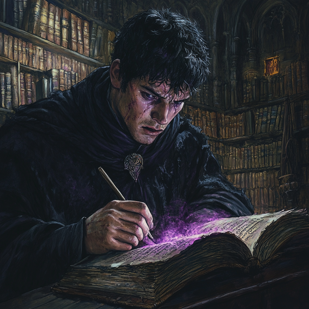 Young medieval monk scholar writing in library