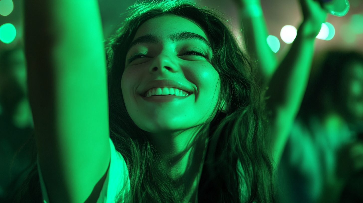 Young woman at concert with neon bracelet