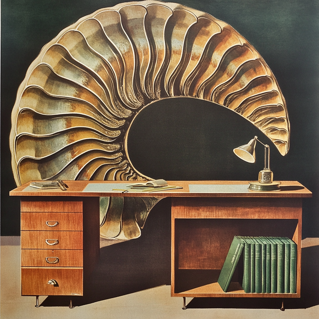 •  Fossil desk with modern 30s colors