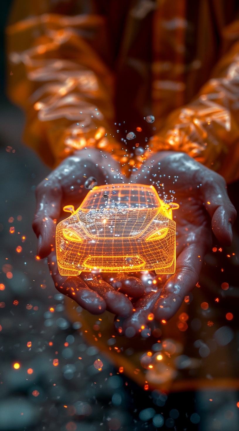 • Man holding hologram of car