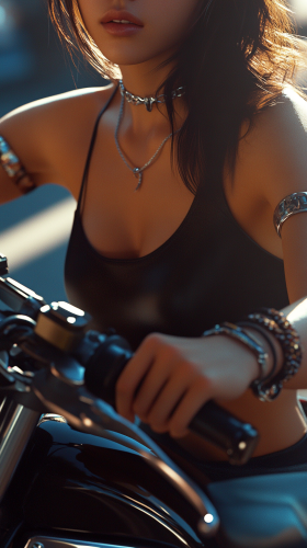  Confident Japanese Woman on Black Ducati