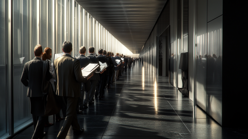  Office Workers Waiting in Long Line with Documents