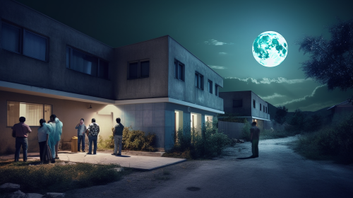  Young People Waiting Outside Mexican Hospital at Night