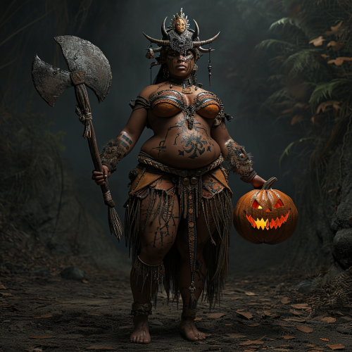 4. Amazonian woman with metal axe and oversized jack-o-lantern