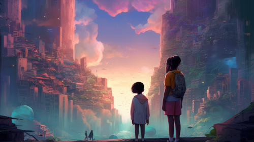 4. Children exploring captivating urban cityscape with wonder 4. Children exploring captivating urban cityscape with wonder