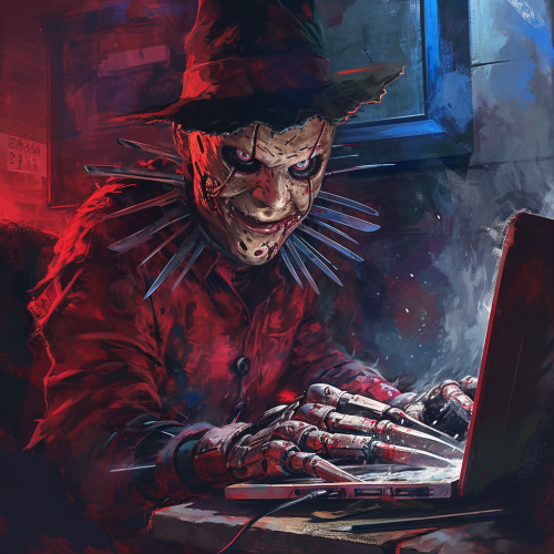 4. Freddy Krueger working on laptop, with knife hands