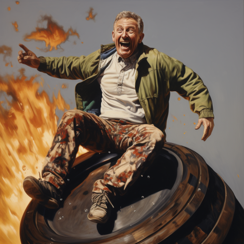 Woody Hartelson jumps on a barrel of gasoline.