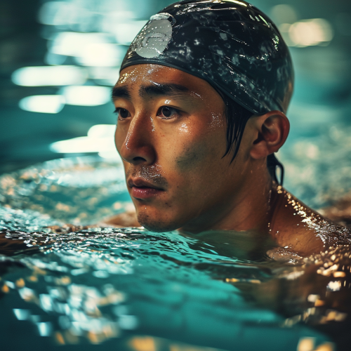 4. Japanese baseball player doing swimming training in pool core strengthening