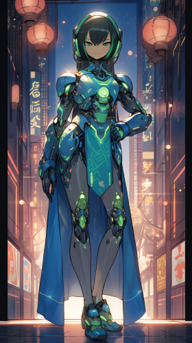 Young qipao robot girl in futuristic setting