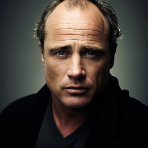 4. Image of a 50-year-old film director resembling Marlon Brando with a prominent forehead