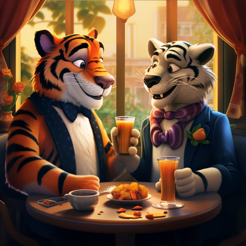4.  Colorful birds and friendly tiger enjoying a fun date