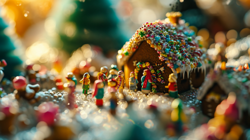 4. Image of tiny people celebrating New Year in gingerbread house