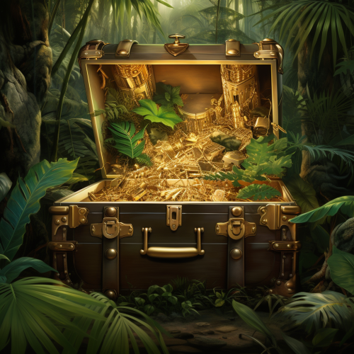 4. Image of an open treasure chest with gold and gems