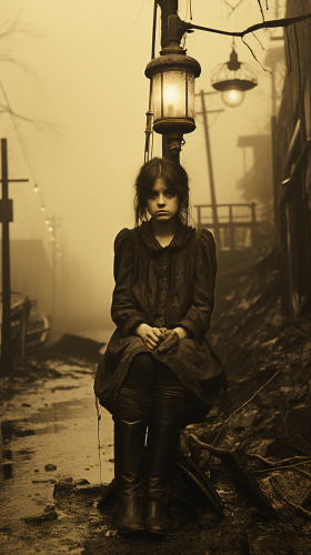 Vintage woman in old clothes with clock head on railway