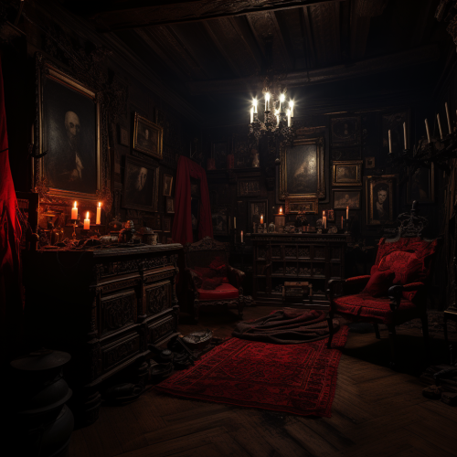 Sinister vampire theme in dark room (6 words)