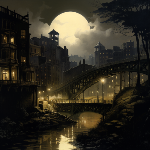 1920s city night illustration of half raised bridge