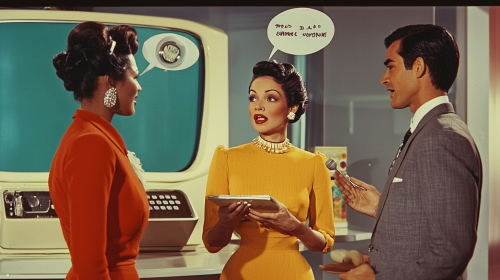 1950s Office Discussion: Diverse Group with Futuristic Touch