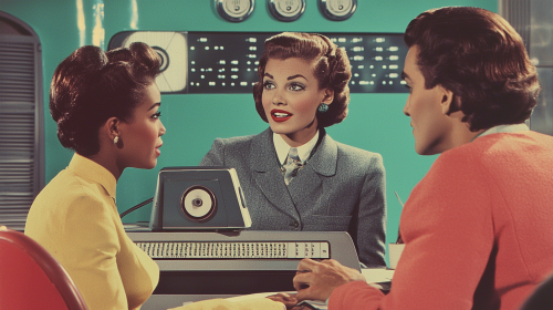 1950s Retro-Futuristic Office Discussion Between Diverse Colleagues