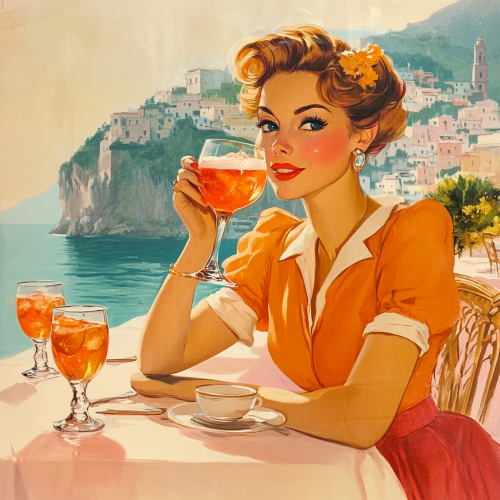 1950s Style Woman Enjoying Aperol Spritz in Italy