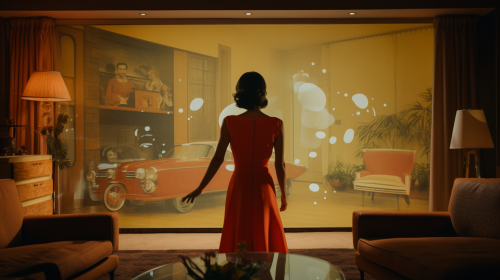 Dancing woman in 1960s living room
