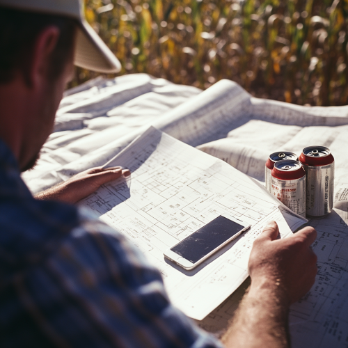 1970s Construction Site: Man Reading Plans with iPhone