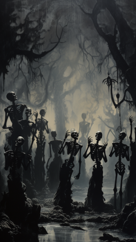 Skeletons dancing in cemetery