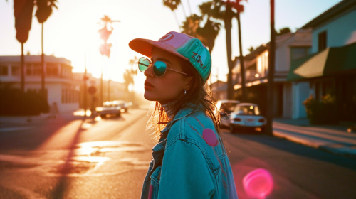 Skater girl in vibrant 1980s street scene Skater girl in vibrant 1980s street scene