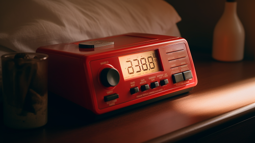 1990s digital clock radio with red numbers, cozy atmosphere. 1990s digital clock radio with red numbers, cozy atmosphere.