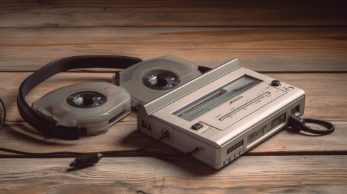 1990s portable cassette player on wooden table with headphones.