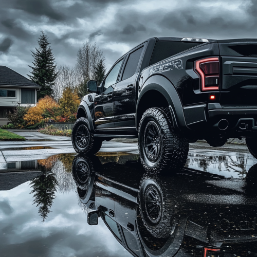 2024 Ford Raptor, flat black, pictures from rear.